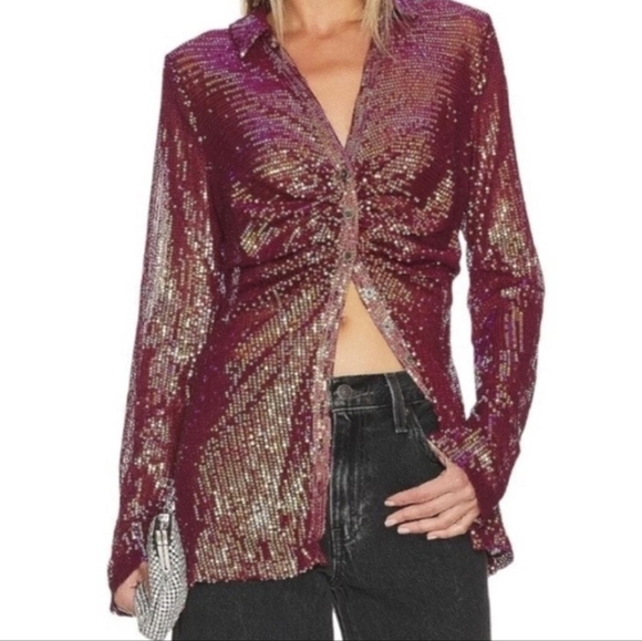 Free People Women's L Sequin Cranberry Semi-Sheer Button Up Long Sleeve Shirt - Picture 1 of 9